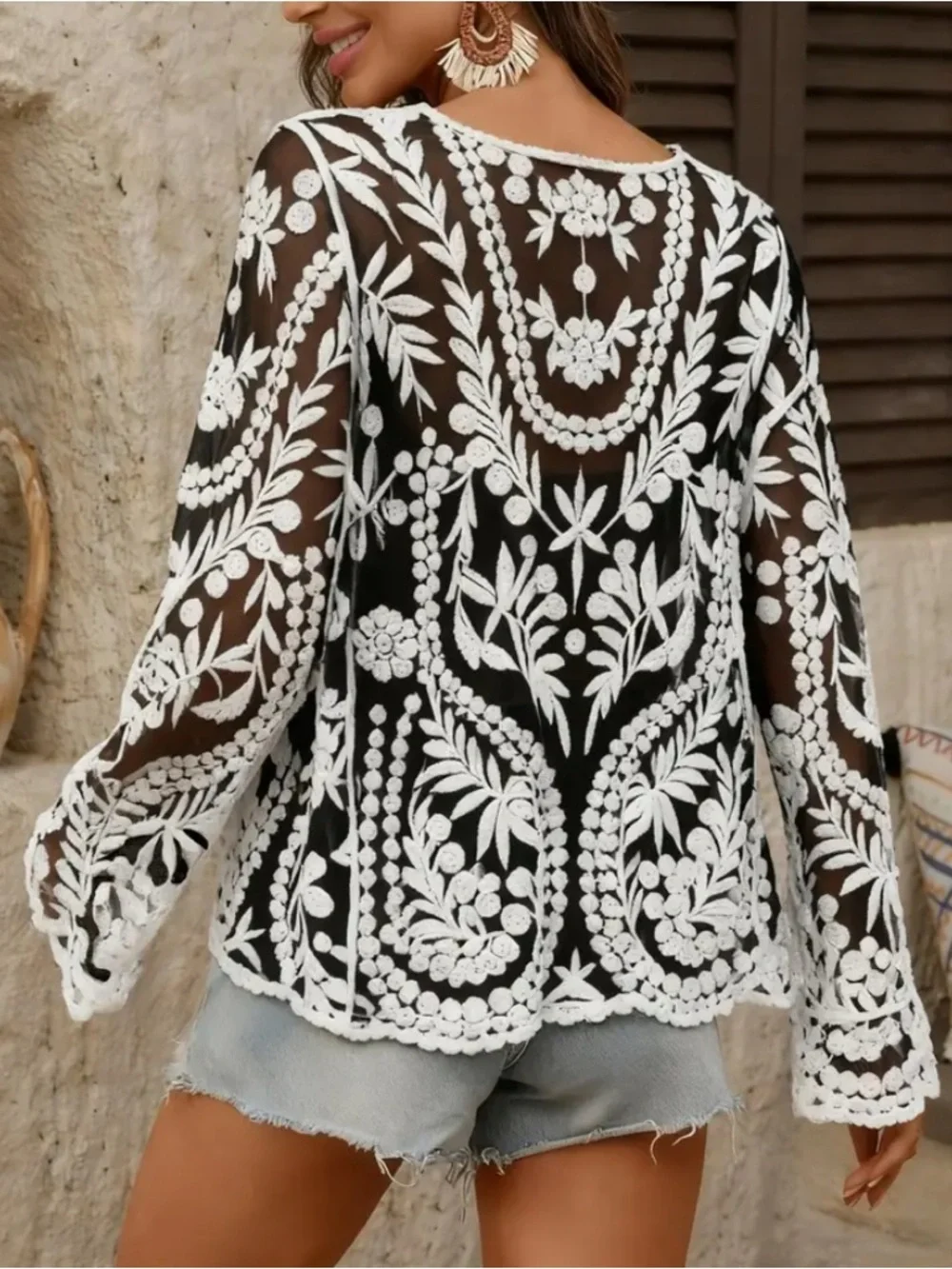 BOHO Sheer Black Blouse with White Floral Embroidery Scoop Neck Scallop Hems - Picture 2 of 7